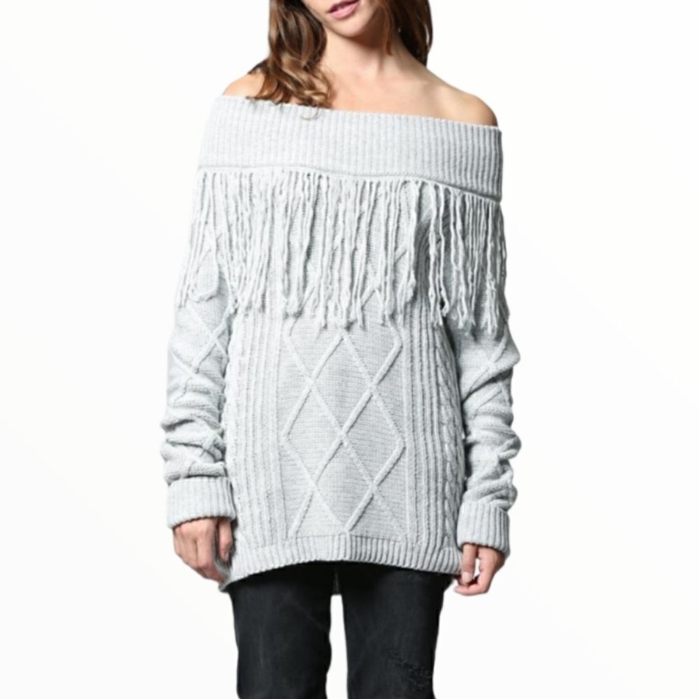 NWT ANTHROPOLOGIE BRAND FATE OFF THE SHOULDER FRINGE GRAY PULLOVER SZ. S